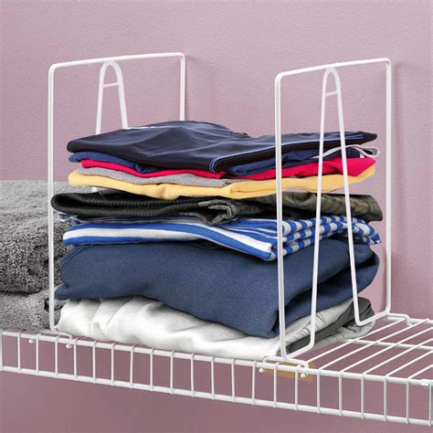 This set of 18 shelf dividers will help you maximize closet storage space Stylish organizers allow you to divide wide shelves to easily stack items such as clothing, towels, blankets, and linens into neat, high piles, increasing storage space. . Dividers for wire closet shelves
